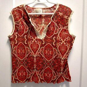 WARDROBE ESSENTIALS Women's Red Graphic Sleeveless Cropped Blouse Lace Trim LGE